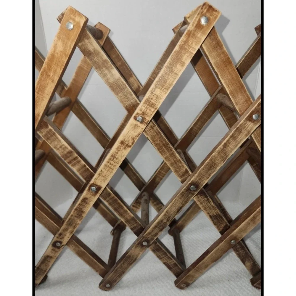 Vintage Rustic Wooden 10 Bottle Wine Rack Collapsible Accordion Countertop Brown